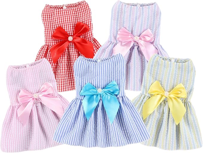 TAPBULL Dog Dresses, Fashionable Pet Dog Clothes, Cute Cat Birthday Dress Outfit (Blue/Red/Pink/Pink-Blue/Yellow-Blue 5-Pack), Large