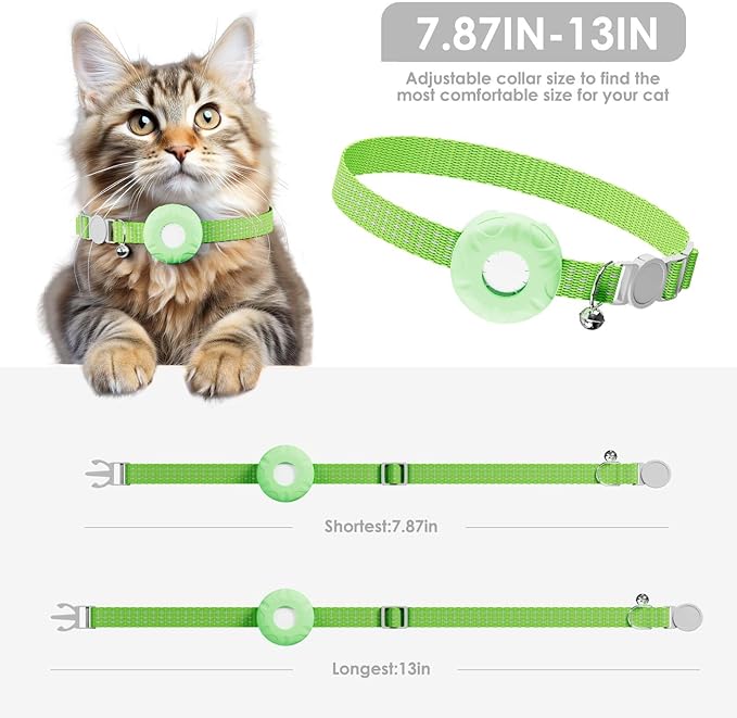 GPS Tracker for Cats, Cat Tracker Collar with Safety Elastic Buckle, Compatible with Apple Find My App (Only iOS), No Monthly Fee, Waterproof (White Tracker, Green Cat Collar)