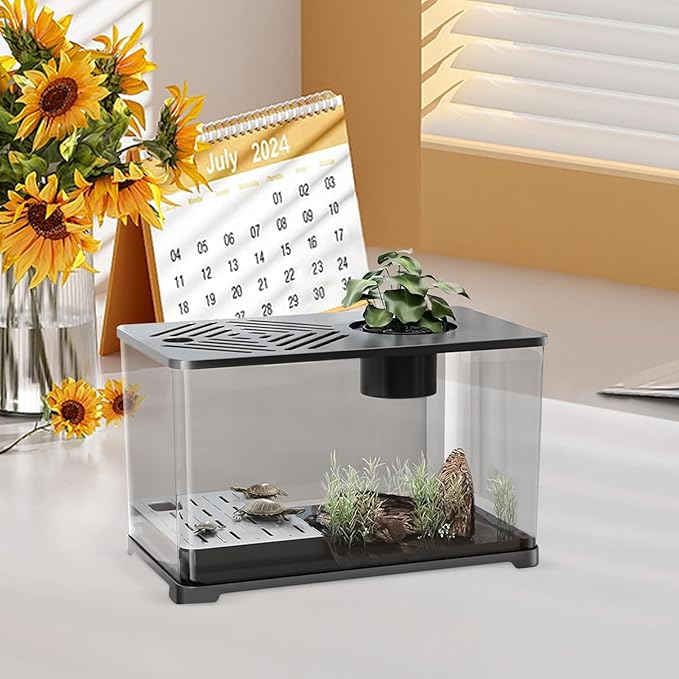 Aquarium Tank - Spacious Glass Fish Tank Setup for Betta Shrimp, Modern Desktop Habitat with Turtle Perch and LED Lighting, Ideal for Home Decor and Plant Cultivation