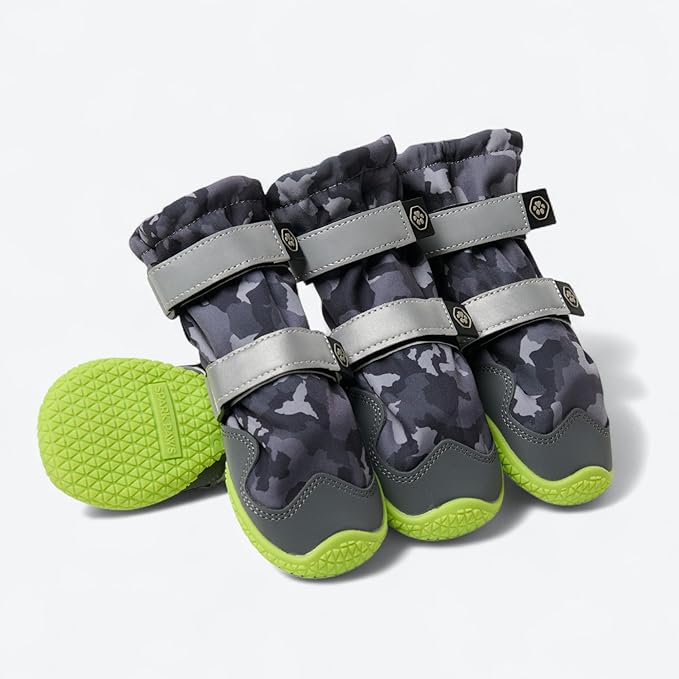 Spark Paws Dog Shoes, Waterproof Dog Boots for Medium to Large Dogs, Non Slip, Breathable Dog Booties and Paw Protectors - 4PCS Doggie Hiking Boots with Reflective Straps, Gray Camo, Size 6