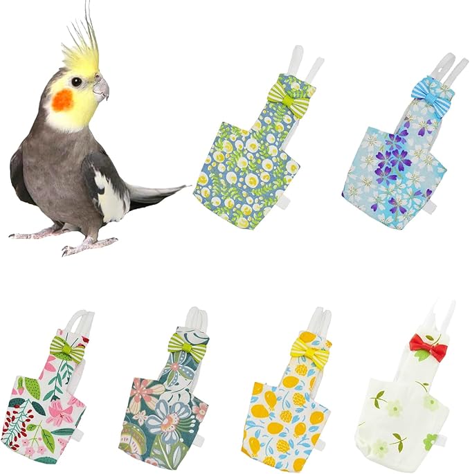 6-Piece Bird Diaper Set for Parrots, Reusable Protective Flight Suits with Waterproof Inner Layer, Washable Urine Wet Suit for Cockatiel, Parakeet, Budgie, and Small Birds(L)