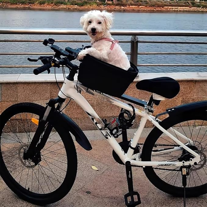Bike Dog Carrier for Small Dogs – Quick Release Front Bicycle Pet Basket with Inner Safety Leash, Reinforced Support Bar, Fits Most Bikes & E-Bikes(Under 25 pounds)