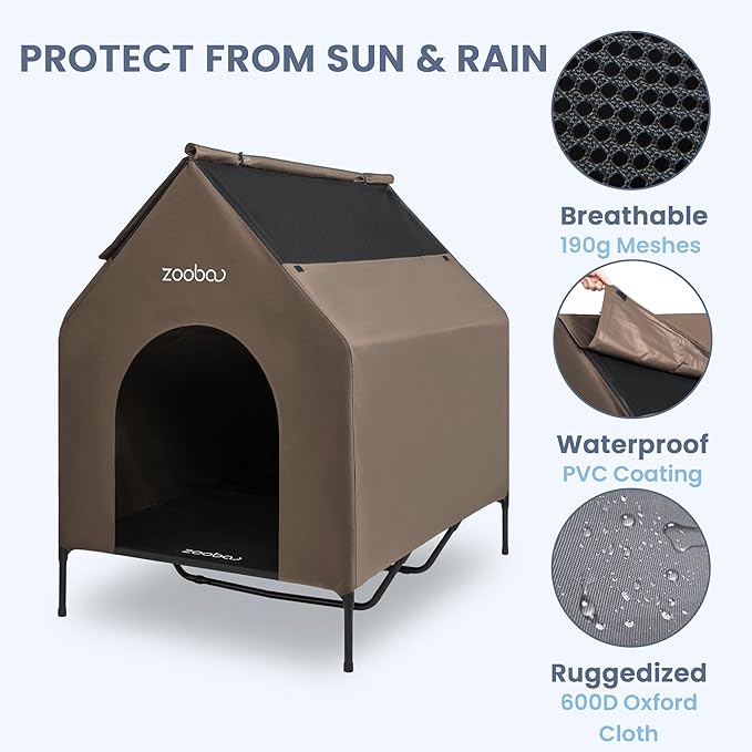 48" XL Outdoor Dog House – Weatherproof Elevated Pet Shelter, Breathable Mesh & Steel Frame, Easy to Assemble & Clean, Large Dog Houses for All Seasons (Brown)