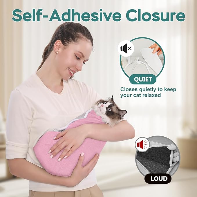 Self-Adhesive Cat Grooming Wrap, Cozy Cat Wrap for Cutting Nails, Breathable Anti-Scratch Cats Swaddle Bag for Brushing, Ear Cleaning, Dental Care, Medication, Injections,Pink L