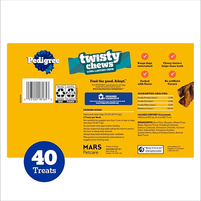 Pedigree Twisty Chews Small Long-Lasting Dog Treats Chicken & Beef Flavor, 9.17 oz. Pouch, 40 Count