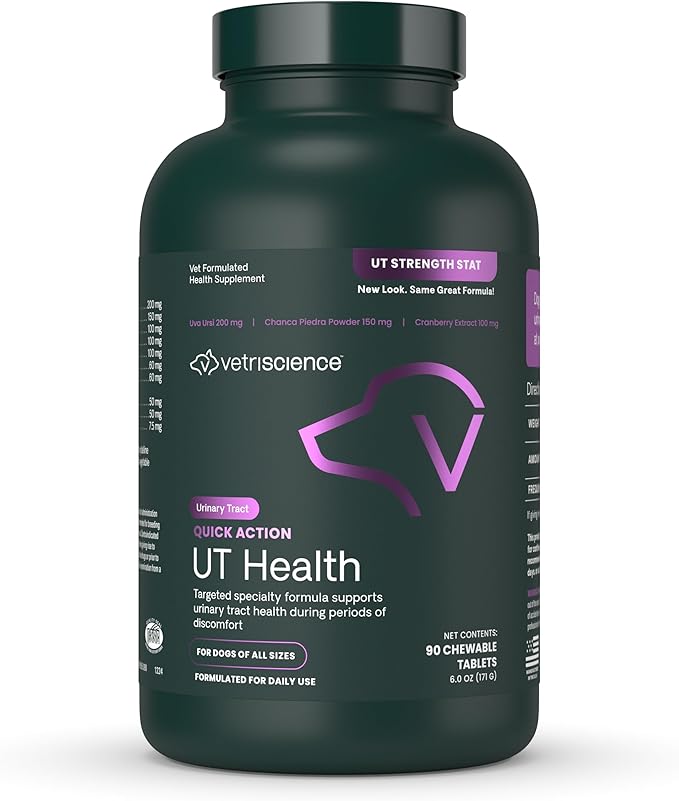 VetriScience Quick Action UT Health Chewable Tablets, UT Strength STAT Supplement for Dogs, Cranberry, Uva Ursi, and Chanca Piedra to Soothe Urinary Tract Discomfort, Smoke, 90 Count