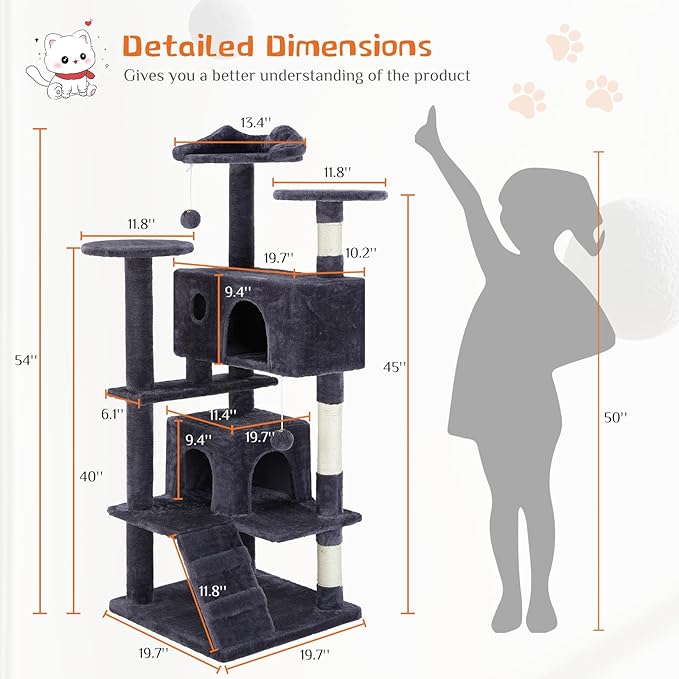 Sweetcrispy 54 Inch Cat Tree Tower, Multi-Level with Cat Scratching Post, Indoor Cat Condo with Climbing Ladder, Plush Toy, Play House for Cat, Dove Grey