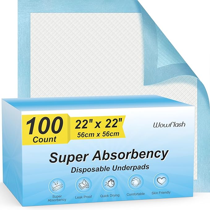 100 Count 22” x 22” Super Absorbency Disposable Underpads, Leakproof Quick Drying Disposable Pads for Baby, Puppy and Adults, Puppy Pads, Cat Pee Pads for Dogs, Potty Puppy Training Pads