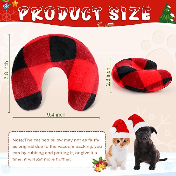 Sweetude 4 Pcs Pillows for Cats Puppy Bed Fluffy Pet Calming Soft Gifts Half Donut U Shaped Pet Neck Pillow Training Joint Relief Cervical Protection(Christmas Red Plaid,Medium)