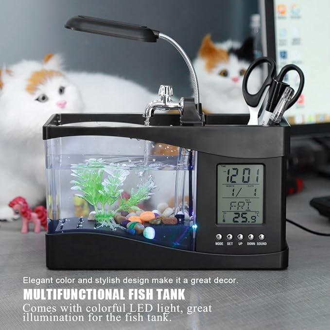 Small Divided Fish Multifunctional USB Rechargeable Mini Fish Aquarium with Clock Function LED Light(Black)