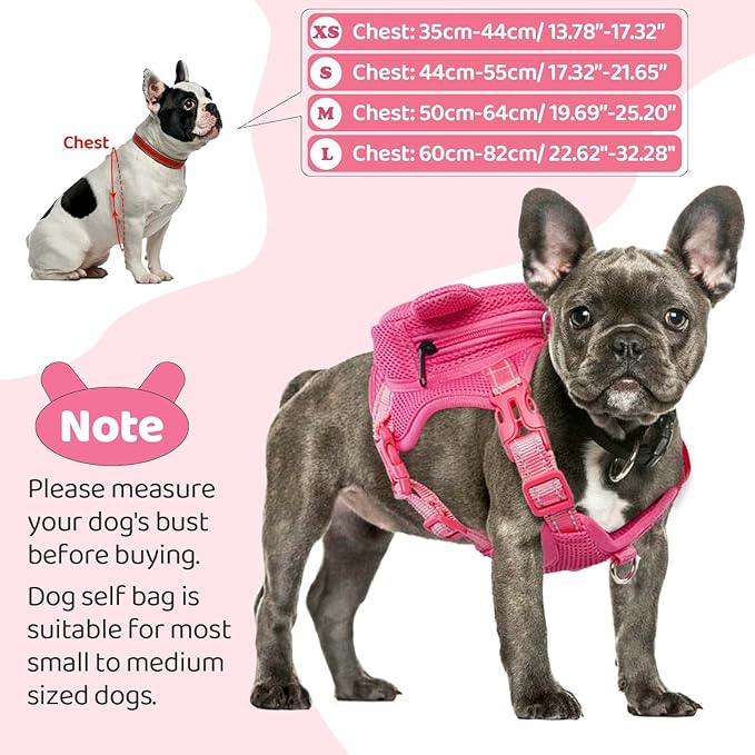 Dog Harness with Backpack, Adjustable Dog Backpack Harness for Small Medium Dogs, No-Pull Breathable Backpacks for Dogs to Wear, for Traveling, Hiking, Camping, Training, Pink M