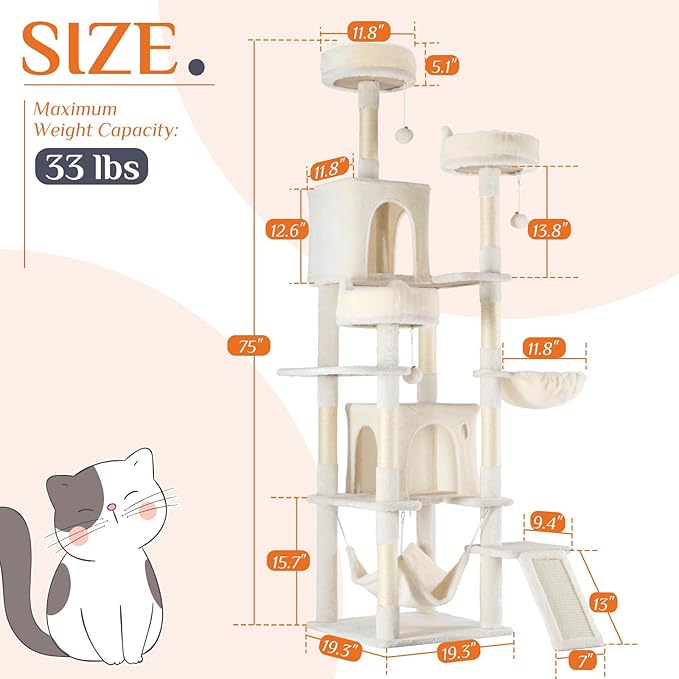 DUMOS Tall Cat Tree 75 Inch, Large Multi-Level Cat Tree Tower with Condo, Perches, Sisal Scratching Posts Board and Hammock, Pet Play House with Dangling Balls for Indoor Cats, Beige