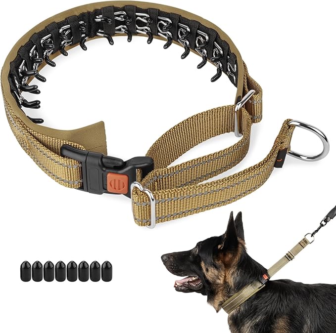 Mayerzon Martingale No Pull Collar for Medium Large Dogs German Shepherd Doberman Pitbull, Patented Anti Pull Correction Dog Collar for Walking Training, Reflective, Adjustable, Hidden(M/L, Khaki)