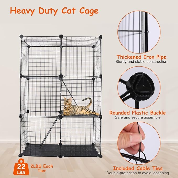 Large 3-Tier Cat Cage, Indoor Cat Enclosures Pliable DIY Cat Playpen, Detachable Metal Wire Kennels Cat Crate Box House with 3 Doors 2 Ramp Ladders for 1-2 Cats, 28.2"L x 14.0"W x 42.1"H,Black