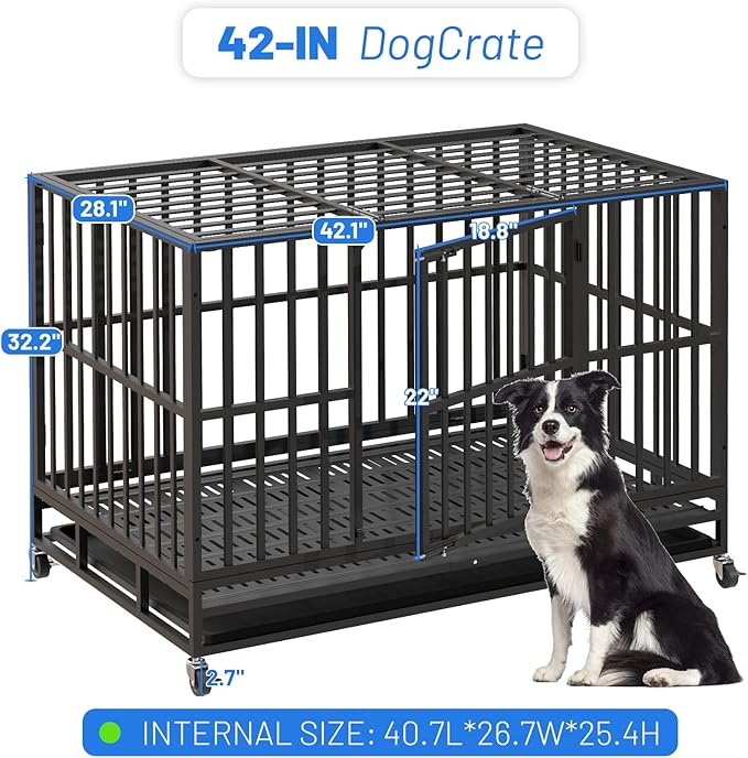 42 Inch Heavy Duty Indestructible Dog Crate, XL Steel Escape-Proof Kennel for Large Dogs, Double Door Design with 4 Locking Wheels & Reinforced Baseplate, Ideal for High-Anxiety Dogs