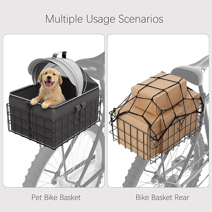 YEEGO DIRECT Dog Bike Basket for Rear Rack, 2-in-1 Pet Carrier & Cargo Basket, Detachable Dog Carrier for Bicycle with Safety Leash, Fits Small Medium Dogs Cats up to 25 LBS, Basket Patented Design