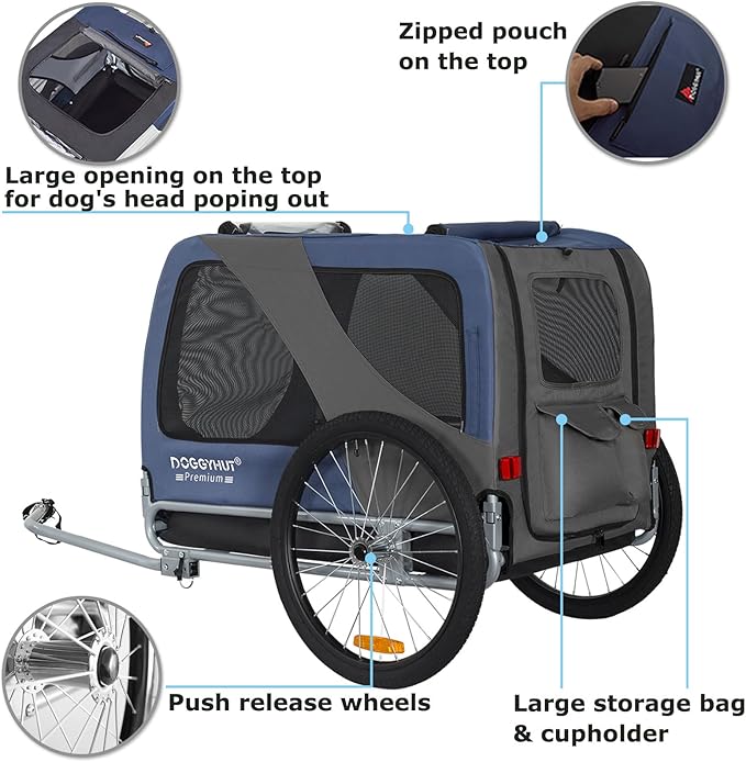 DOGGYHUT® Premium XL Pet Bike Trailer for Large Dog or Multiple Small Dogs, Up to 100 lbs,Dog Bicycle Carrier,Low Center of Gravity,Easy Folding Frame Cart