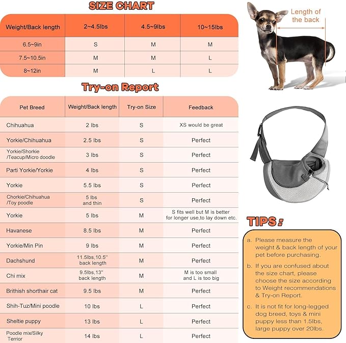YUDODO Pet Sling Carrier for 5-9 lbs Small Dogs & Cats – Hands-Free Puppy Carrier with Safety Hook, Large Zipper Pocket, Soft Breathable Mesh, Adjustable Strap & Reflective Strip (Gray 1.0 M)