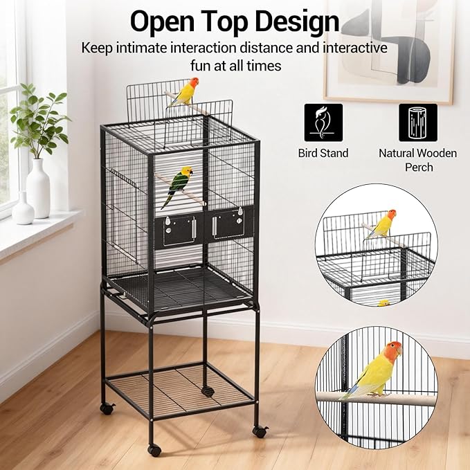 Bird Cage with Wheels, 63 Inch Bird Flight Cage, Wrought Iron Standing Large Parrot Parakeet Flight Birds Cages with Slide Out Tray Parrot Metal Parakeet Cages with Wooden Perches Black