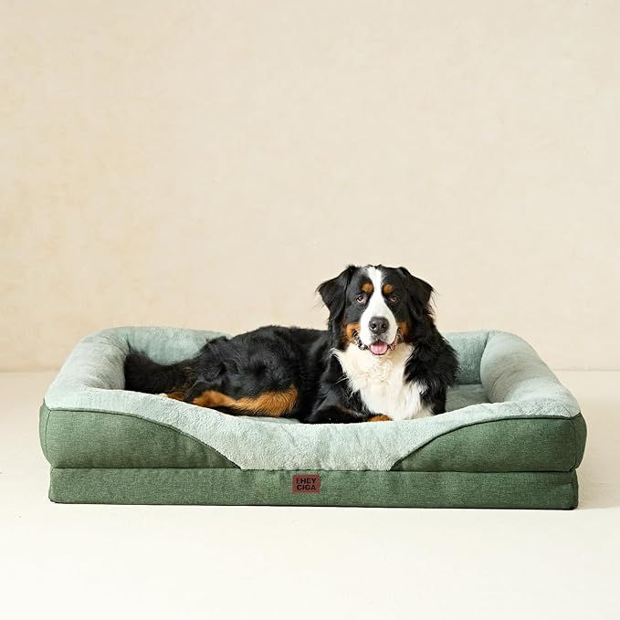 EHEYCIGA Orthopedic Dog Bed for Medium Dog, 30x20x6.5 Inch Memory Foam Dog Couch Bed with Sides, Waterproof Liner & Washable Removable Cover, Bolster Pet Sofa, Green