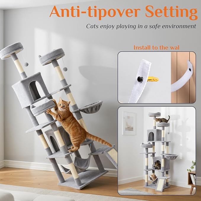 Sweetcrispy Cat Tree 75 Inch, Large Multi-Level Tall Cat Tree Tower with Condo, Perches, Sisal Scratching Posts Board and Hammock, Pet Play House with Dangling Balls for Indoor Cats, Light Grey