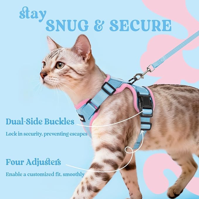 rabbitgoo Cat Harness and Leash for Walking, Escape Proof Soft Adjustable Vest Harnesses for Cats, Easy Control Breathable Reflective Strips Jacket, Light Blue&Pink, S