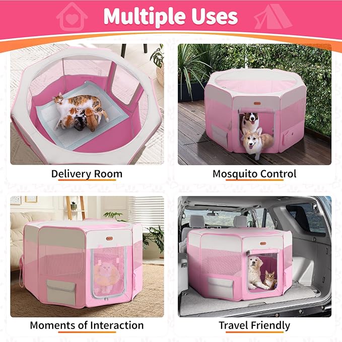 Dog Playpen, Portable Pet Playpen, Puppy Playpen, Cat Playpen with Carrying Case, Dog Playpen for Small Dogs Indoor/Outdoor, Removable Mesh Shade Cover, Pink XL