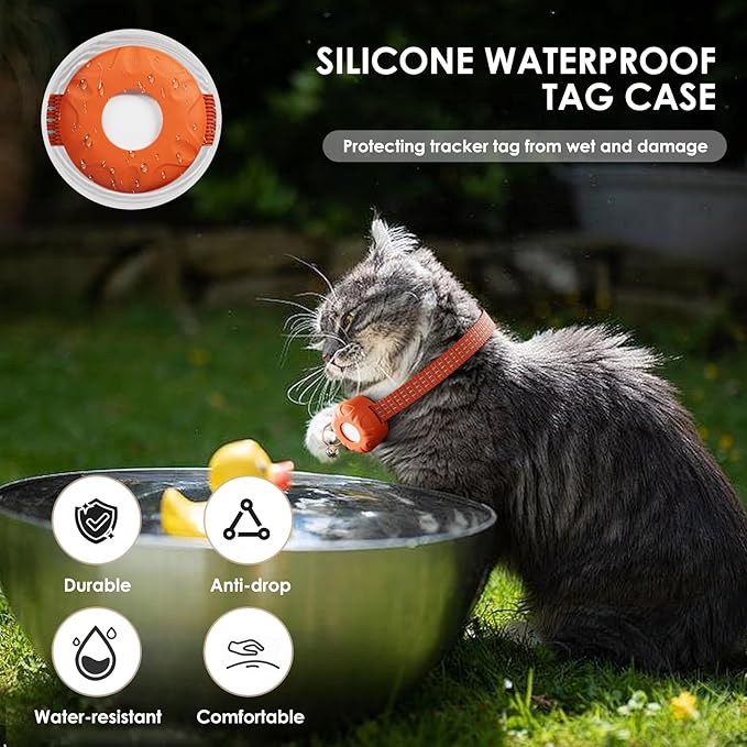 Cat Tracker, MINI Pet Tracker for Cats, No Monthly Fee GPS Tracker for Cat, Compatible with Apple Find My App(Only iOS), Real-Time Tracking, Waterproof Cat GPS Tracker, Orange