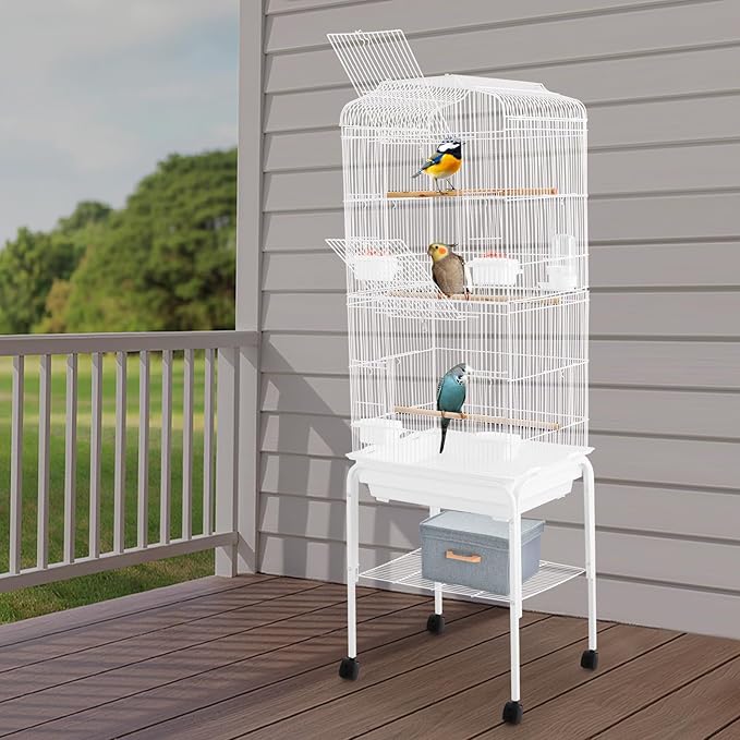 Bird Cage with Wheels, Breeding Cage Wrought Iron Flight Cage with Wooden Stand, Removable Tray & Feeding Bowls for Parrots, Canaries, Lovebirds Finches, 18" L x 14.6" W x 54" H