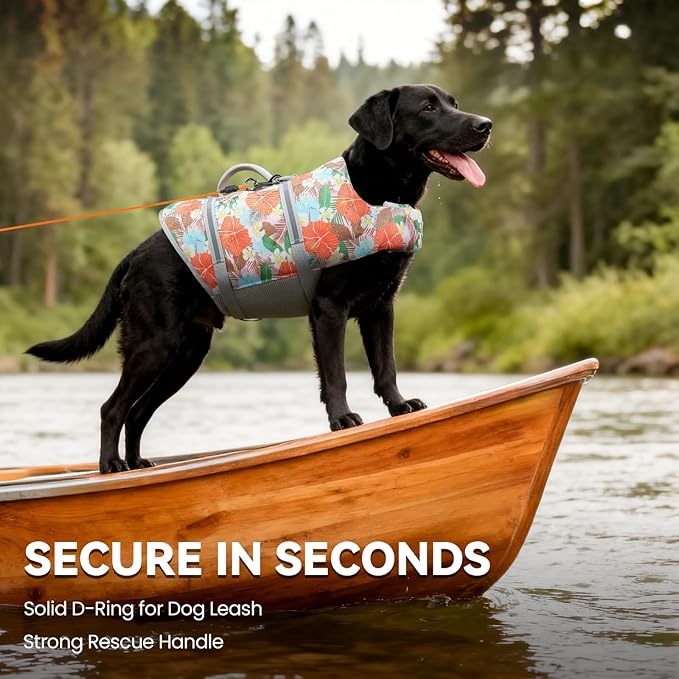 VIVAGLORY Rip Stop Dog Life Vest, Swimming Vest with Handle, Buoyancy for Doggy Puppy, Dog Life Jacket for Swimming & Boating, M, Floral Orange