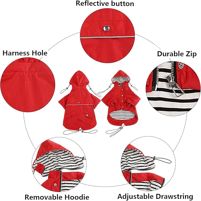 Dog Zip Up Raincoat with Reflective, Rain/Water Resistant, Adjustable Drawstring, Removable Hood, Raincoats with Legs 8lbs to 80lbs Available - Red - Small