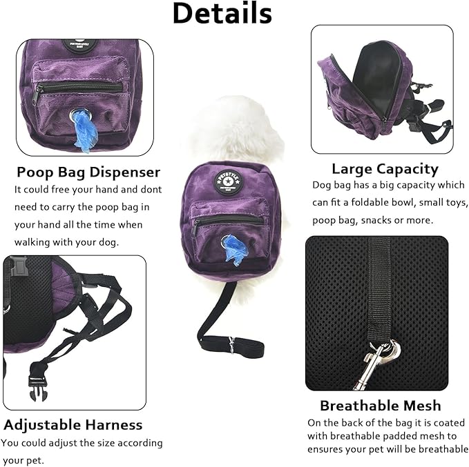 FLAdorepet Dog Backpack Harness with Leash, Dog Poop Bag Dispenser, Pet Self Carrier Adjustable Travel Hiking Walking Harness Backpack for Small Medium Dogs (S((Fit:5-10lb) Purple)