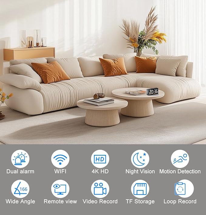 glaury 4K WiFi Security Camera with Clock, Pet Camera, Night Vision, Body Camera, AI Motion Detection