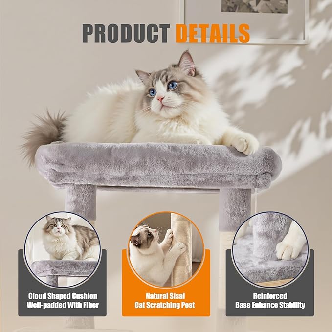 Sweetcrispy 63 inch Cat Tree Tower, Large Multi Level Cat Climbing Tower with Condo, Natural Sisal Scratching Posts, Extended Platform, Hammock, Pet House for Indoor Cats and Kittens Play, Grey