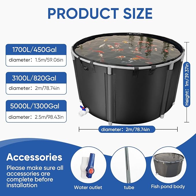 Canvas Fish Pond, 820 Gallon Capacity Koi Pond, Foldable PVC Outdoor Fish Tank, Round Goldfish Bowl, Above Ground Pond with Stabilizing Frame and Drain Valve for Koi Farming, Aquaculture
