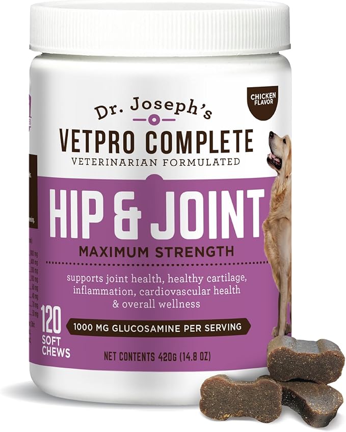 Dr. Joseph's VetPro Complete Dog Hip & Joint Supplement for Arthritis Pain Relief – High-Strength Glucosamine & Chondroitin Chews for Senior Dogs – Vet Formulated Daily Treats, Chicken Flavor, 120 Ct