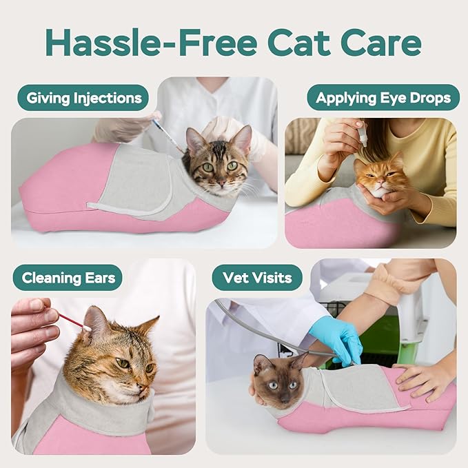 Self-Adhesive Cat Grooming Wrap, Cozy Cat Wrap for Cutting Nails, Breathable Anti-Scratch Cats Swaddle Bag for Brushing, Ear Cleaning, Dental Care, Medication, Injections,Pink L
