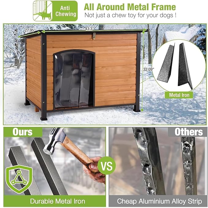 GUTINNEEN Heated Dog House Outdoor 43.3" L Insulated Dog Kennel with Metal Frame Large Dog Crate for Medium to Large Dogs Outside with Heater and Insulated Liner for Winter, Brown