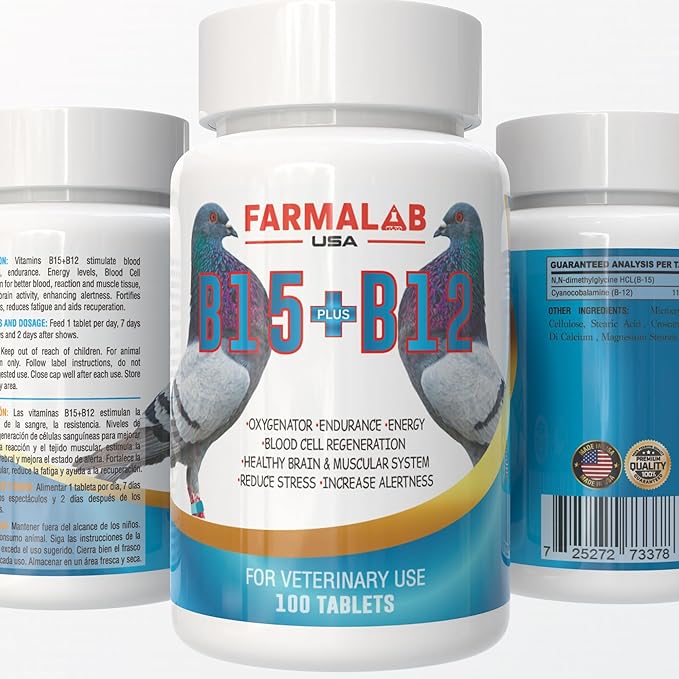 B15 B12 para Palomas Pigeon Vitamin Supplement, 100 Tablets, Energy and Endurance Formula Farmalab