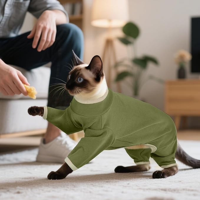 DENTRUN Cat Clothes for Hair Control with Hair Sticky Fabric - Soft Recovery Suit & Breathable Lint-Resistant Cat Sweater for Cats Only, Kitten Onesie Pajamas, S, Army Green