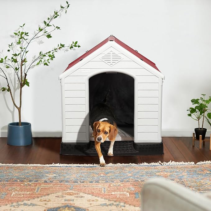 LEMBERI Durable Waterproof Plastic Dog House for Small to Large Sized Dogs, Indoor Outdoor Doghouse Insulated Puppy Shelter with Elevated Floor, Easy to Assemble (Red with Liner, 42''L*38''W*39''H)