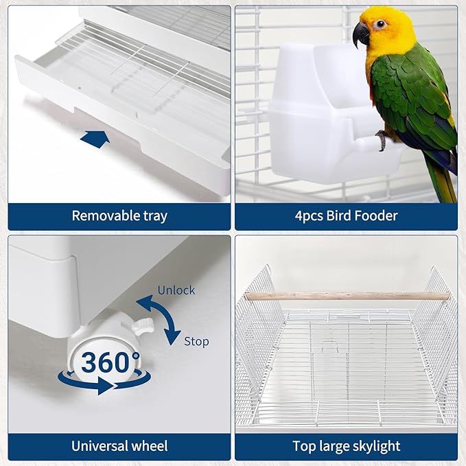 Bird Cage 40'' Open Play Top Bird Cage 3 in 1 Bird Carrier for Parakeets, Canaries, Lovebirds, Small Quaker with 360° Wheels