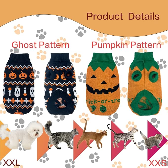 Vehomy 2Pcs Pet Halloween Sweaters Dog Halloween Pumpkin Sweater Kitten Cat Holiday Theme Turtleneck Knitwear Shirt with Pumpkin Skull Patterns Dog Puppy Halloween Costume Clothes for Small Dogs L