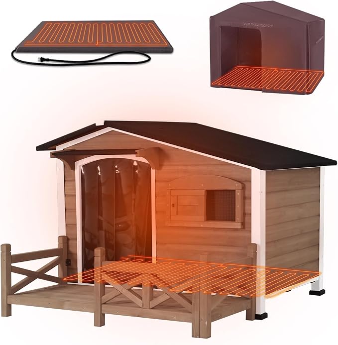 GUTINNEEN 44.6" L Large Heated Dog House Outdoor Insulated Winter Dog Kennel with Thermostat-Controlled Heating Pad, Chew-Proof Metal Frame and 6-Sided Insulated Liner for Large Dogs, Brown