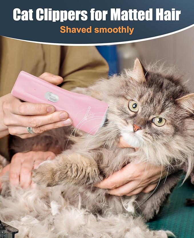 oneisall Pet Clipper for Cat Matted Hair, Pet Shaver for Cats Quiet Pet Clippers Waterproof Cordless Cat Clippers for Matted Hair Long Hair with Storage Bag (Pink)