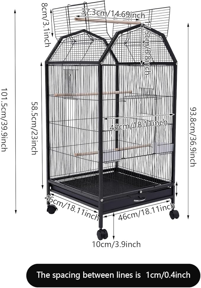 40-inch Large Flight King Bird Cage, Black Parakeet Cages with Rolling Wheels Wide Birdcage for Parrots Cockatiels Conure Budgie Canary Finch Lovebird