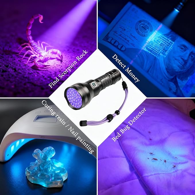 51 LED Rechargeable Black Light Flashlight, 395nm UV Flashlight, Portable Ultraviolet Pet Urine Detector for Dog Cat Stains, Bed Bugs, Scorpions, Resin Curing, Battery Included