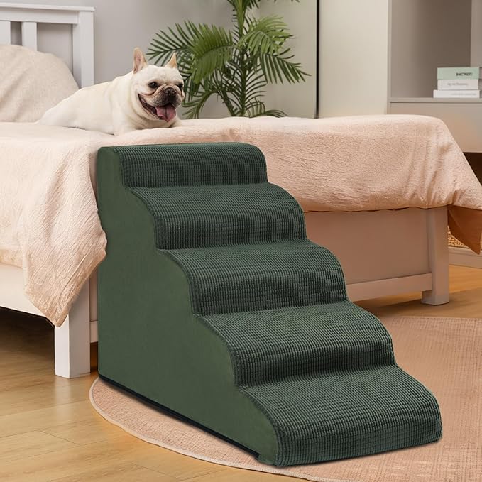 5-Step Dog Stairs and Ramp for High Bed, Non-Slip Sturdy Pet Steps for Small Dogs and Cats,22.2" H,Green