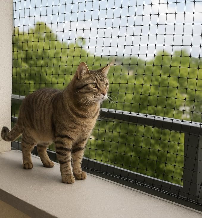 JUNFLYING Cat Netting Balcony 10x26 FT, Wire-Free Pet Protection Mesh for Fall Prevention, Heavy-Duty Catio Screen Barrier for Apartment, Window, Staircase, Terrace and Patio