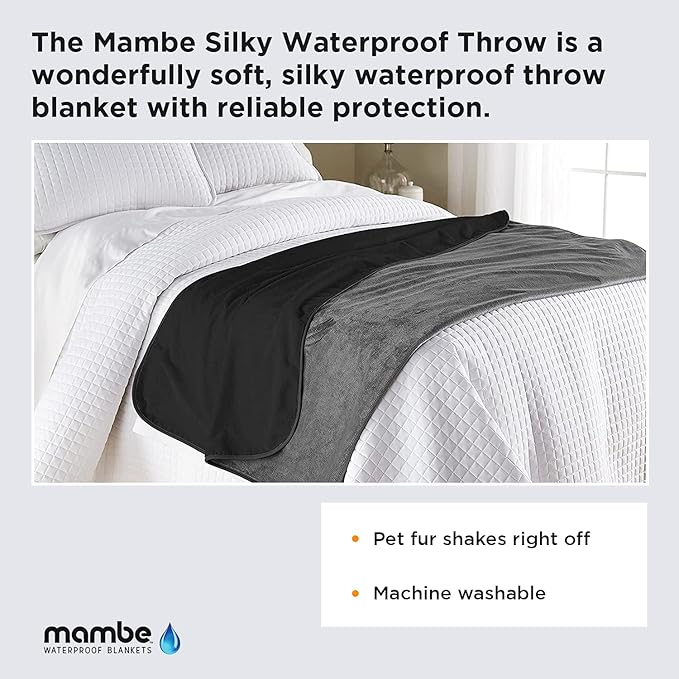 Mambe Silky Waterproof Throw for Protecting Furniture Bed Couch from Stains Caused by Dogs, Cats, Incontinence. Soft, Washable, Reversible. (Size Large 70x90 inches, Color Black/Charcoal)
